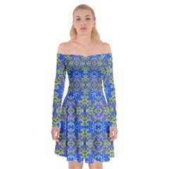 Gold And Blue Fancy Ornate Pattern Off Shoulder Skater Dress by dflcprintsclothing