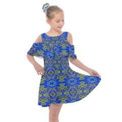 Gold And Blue Fancy Ornate Pattern Kids  Shoulder Cutout Chiffon Dress by dflcprintsclothing