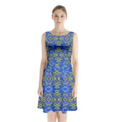 Gold And Blue Fancy Ornate Pattern Sleeveless Waist Tie Chiffon Dress by dflcprintsclothing