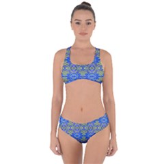 Gold And Blue Fancy Ornate Pattern Criss Cross Bikini Set by dflcprintsclothing