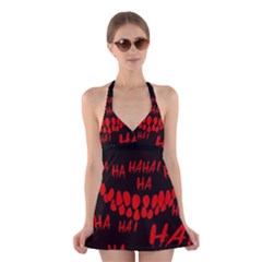 Demonic Laugh, Spooky Red Teeth Monster In Dark, Horror Theme Halter Dress Swimsuit  by Casemiro