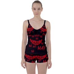 Demonic Laugh, Spooky Red Teeth Monster In Dark, Horror Theme Tie Front Two Piece Tankini by Casemiro