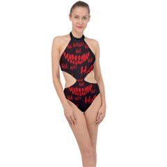 Demonic Laugh, Spooky Red Teeth Monster In Dark, Horror Theme Halter Side Cut Swimsuit by Casemiro