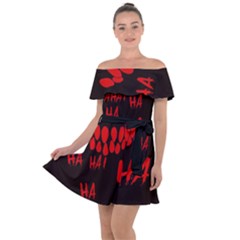 Demonic Laugh, Spooky Red Teeth Monster In Dark, Horror Theme Off Shoulder Velour Dress by Casemiro