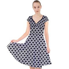 Black And White Triangles Pattern, Geometric Cap Sleeve Front Wrap Midi Dress by Casemiro