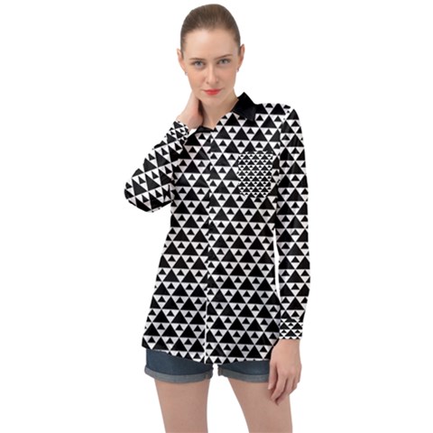 Black And White Triangles Pattern, Geometric Long Sleeve Satin Shirt by Casemiro