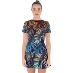 Tropical Leaves Drop Hem Mini Chiffon Dress by goljakoff
