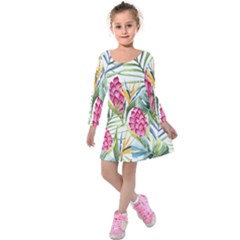 Tropical Flowers Kids  Long Sleeve Velvet Dress by goljakoff