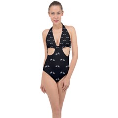 Black And White Boxing Motif Pattern Halter Front Plunge Swimsuit by dflcprintsclothing