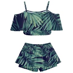 Green Palm Leaves Kids  Off Shoulder Skirt Bikini