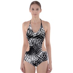 Tropical Leafs Pattern, Black And White Jungle Theme Cut-out One Piece Swimsuit by Casemiro