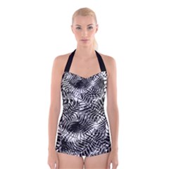 Tropical Leafs Pattern, Black And White Jungle Theme Boyleg Halter Swimsuit  by Casemiro