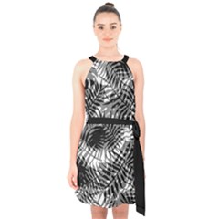 Tropical Leafs Pattern, Black And White Jungle Theme Halter Collar Waist Tie Chiffon Dress by Casemiro