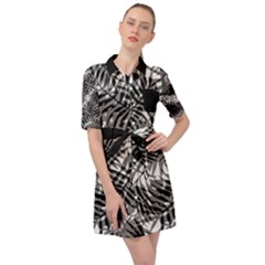 Tropical Leafs Pattern, Black And White Jungle Theme Belted Shirt Dress by Casemiro