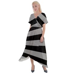 Striped Black And Grey Colors Pattern, Silver Geometric Lines Cross Front Sharkbite Hem Maxi Dress by Casemiro