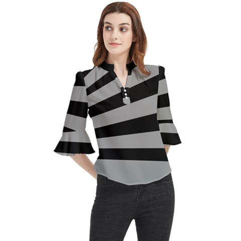 Striped Black And Grey Colors Pattern, Silver Geometric Lines Loose Horn Sleeve Chiffon Blouse by Casemiro