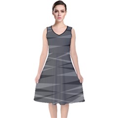 Abstract Geometric Pattern, Silver, Grey And Black Colors V-neck Midi Sleeveless Dress  by Casemiro