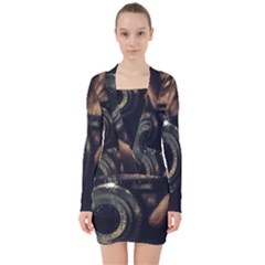 Creative Undercover Selfie V-neck Bodycon Long Sleeve Dress by dflcprintsclothing