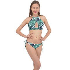 Green Monstera Leaf Cross Front Halter Bikini Set by goljakoff