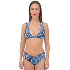 Blue Monstera Leaf Double Strap Halter Bikini Set by goljakoff