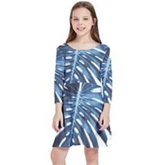 Blue Monstera Leaf Kids  Quarter Sleeve Skater Dress by goljakoff