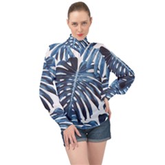 Blue Monstera Leaf High Neck Long Sleeve Chiffon Top by goljakoff