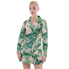 Green Leaves On Pink Women s Long Sleeve Casual Dress by goljakoff