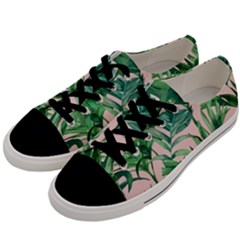Green Leaves On Pink Men s Low Top Canvas Sneakers