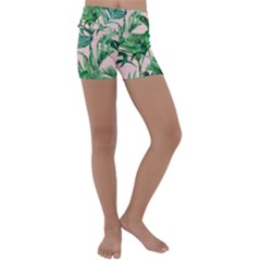 Green Leaves On Pink Kids  Lightweight Velour Yoga Shorts by goljakoff