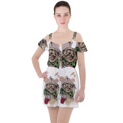 Pug Lover Coffee Ruffle Cut Out Chiffon Playsuit