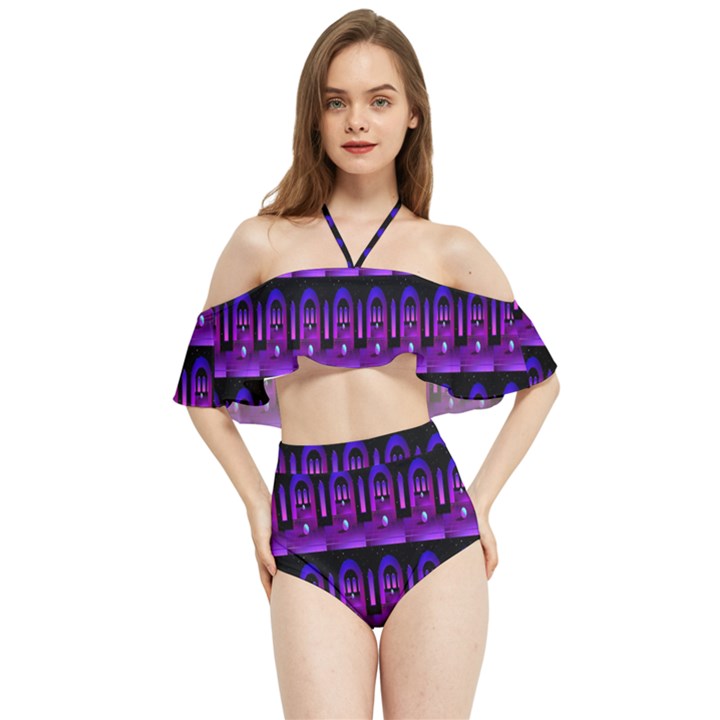 Violet Retro Halter Flowy Bikini Set 