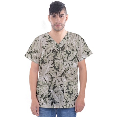 Pale Tropical Floral Print Pattern Men s V-neck Scrub Top by dflcprintsclothing