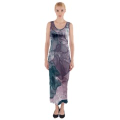 Teal And Purple Alcohol Ink Fitted Maxi Dress