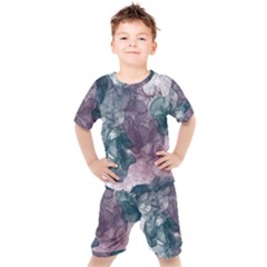 Teal And Purple Alcohol Ink Kids  Tee And Shorts Set