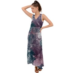 Teal And Purple Alcohol Ink V-neck Chiffon Maxi Dress