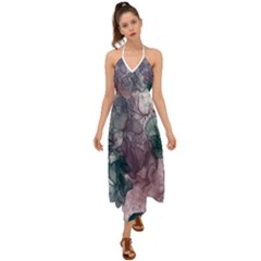 Teal And Purple Alcohol Ink Halter Tie Back Dress 