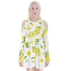 Yellow Flowers Velvet Long Sleeve Shoulder Cutout Dress by designsbymallika