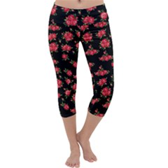 Red Roses Capri Yoga Leggings by designsbymallika