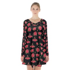 Red Roses Long Sleeve Velvet V-neck Dress by designsbymallika