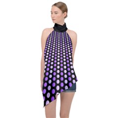 Purple And Pink Dots Pattern, Black Background Halter Asymmetric Satin Top by Casemiro