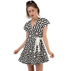 Black And White Abstract Lines, Geometric Pattern Flutter Sleeve Wrap Dress by Casemiro