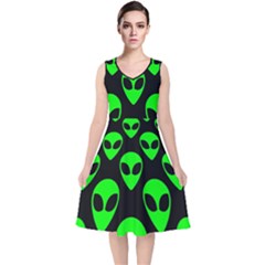 We Are Watching You! Aliens Pattern, Ufo, Faces V-neck Midi Sleeveless Dress  by Casemiro