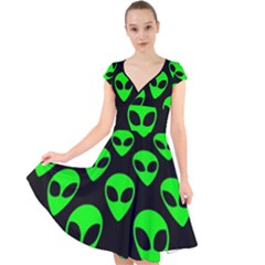 We Are Watching You! Aliens Pattern, Ufo, Faces Cap Sleeve Front Wrap Midi Dress