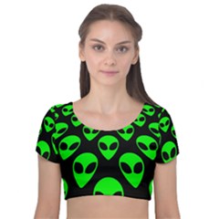 We Are Watching You! Aliens Pattern, Ufo, Faces Velvet Short Sleeve Crop Top  by Casemiro