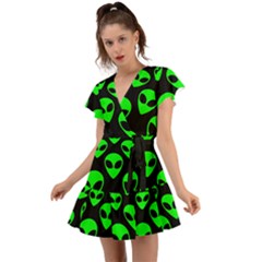 We Are Watching You! Aliens Pattern, Ufo, Faces Flutter Sleeve Wrap Dress by Casemiro