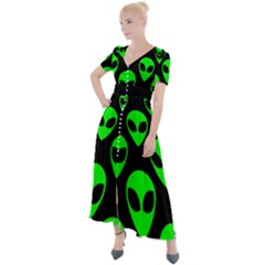 We Are Watching You! Aliens Pattern, Ufo, Faces Button Up Short Sleeve Maxi Dress by Casemiro
