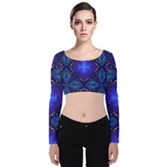 Blue Ornate Velvet Long Sleeve Crop Top