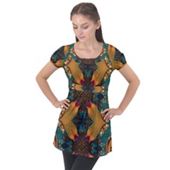 Teal And Orange Puff Sleeve Tunic Top by Dazzleway