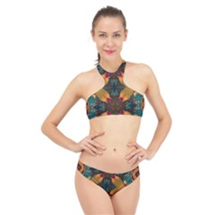 Teal And Orange High Neck Bikini Set by Dazzleway