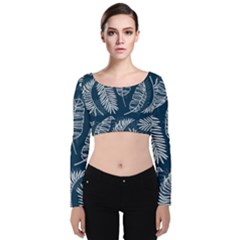 Blue Leaves Velvet Long Sleeve Crop Top